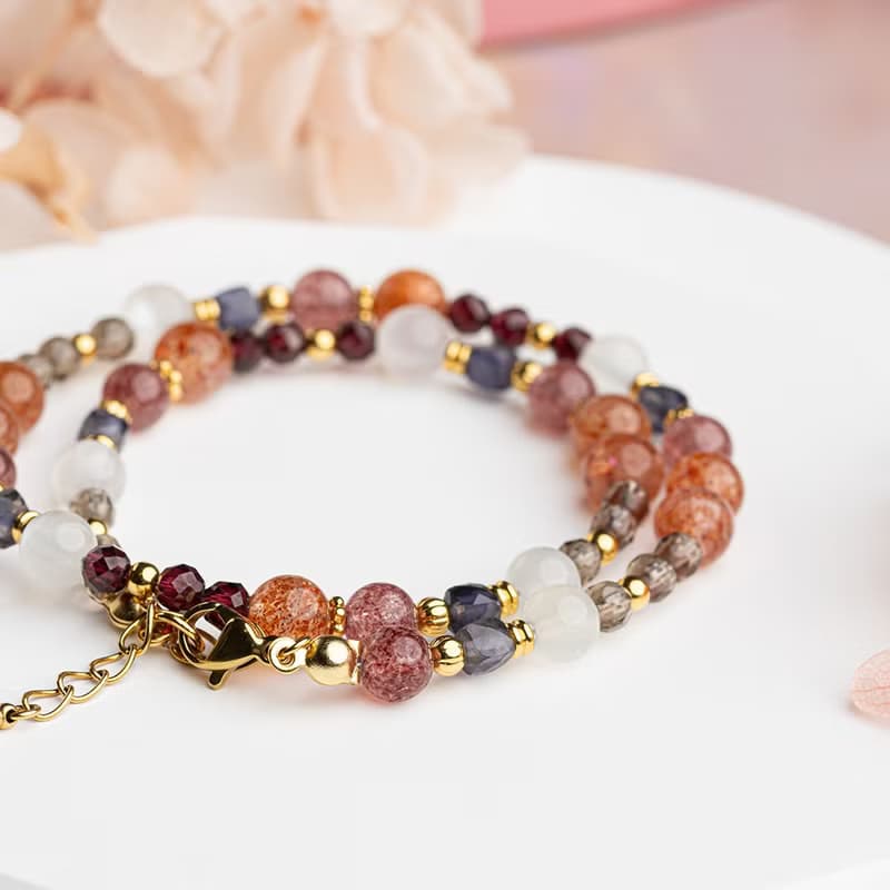 太陽石-堇青石-草莓晶│黃銅 雙圈 扣環式 手鍊
