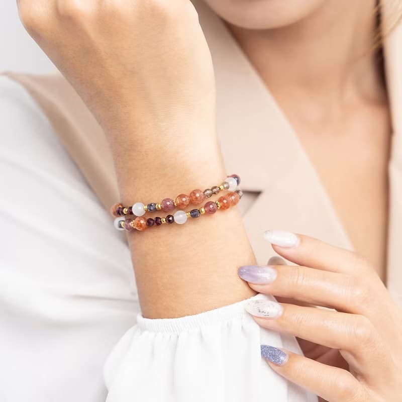 太陽石-堇青石-草莓晶│黃銅 雙圈 扣環式 手鍊