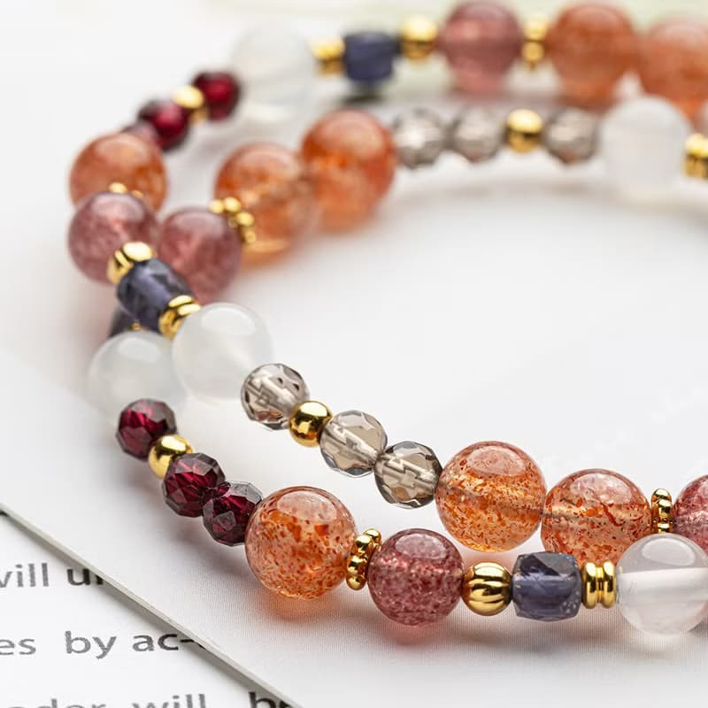 太陽石-堇青石-草莓晶│黃銅 雙圈 扣環式 手鍊