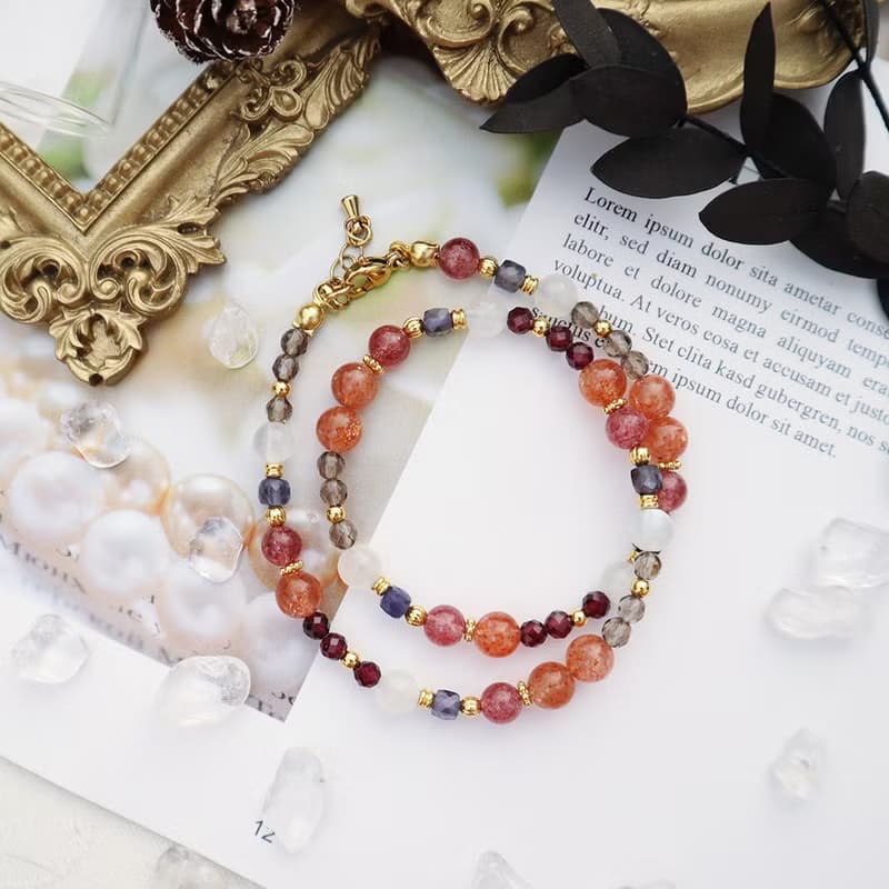 太陽石-堇青石-草莓晶│黃銅 雙圈 扣環式 手鍊