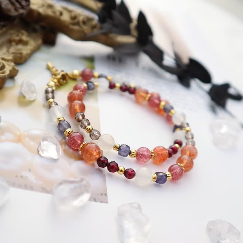 太陽石-堇青石-草莓晶│黃銅 雙圈 扣環式 手鍊