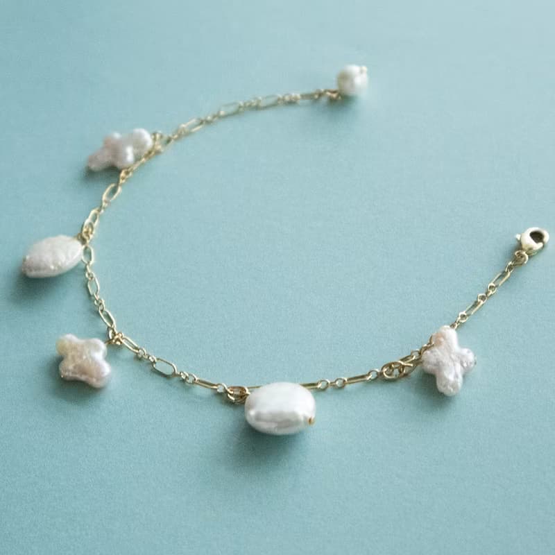 珍珠魅力14KGF手鍊/硬幣珍珠/交叉珍珠/獨特的珍珠