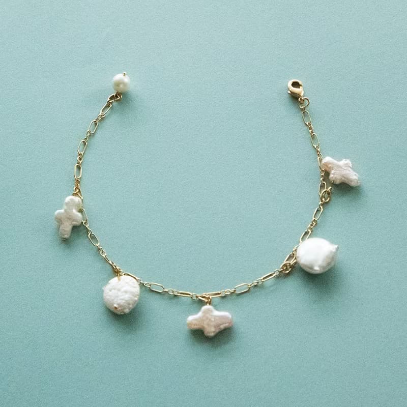 珍珠魅力14KGF手鍊/硬幣珍珠/交叉珍珠/獨特的珍珠