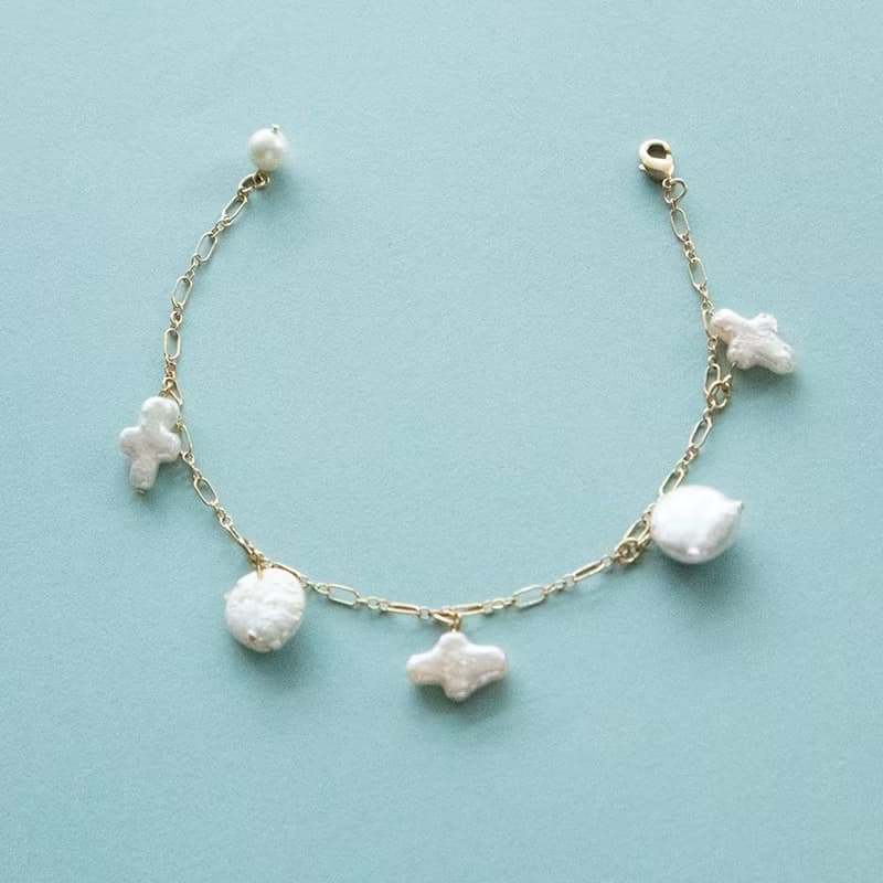 珍珠魅力14KGF手鍊/硬幣珍珠/交叉珍珠/獨特的珍珠