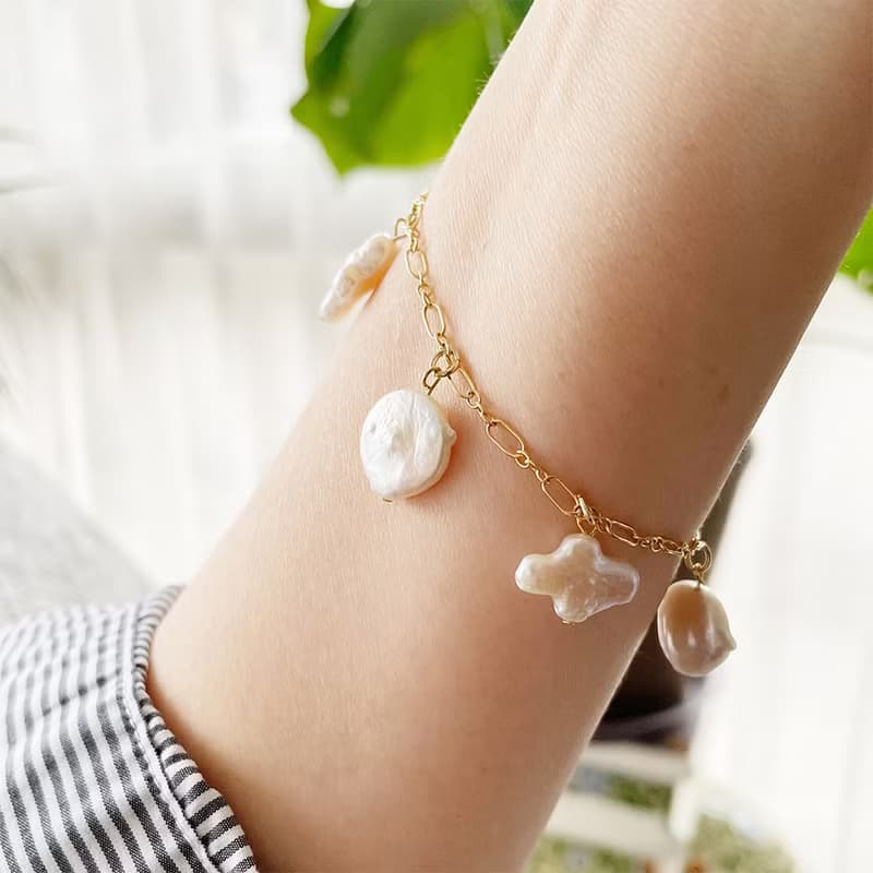 珍珠魅力14KGF手鍊/硬幣珍珠/交叉珍珠/獨特的珍珠