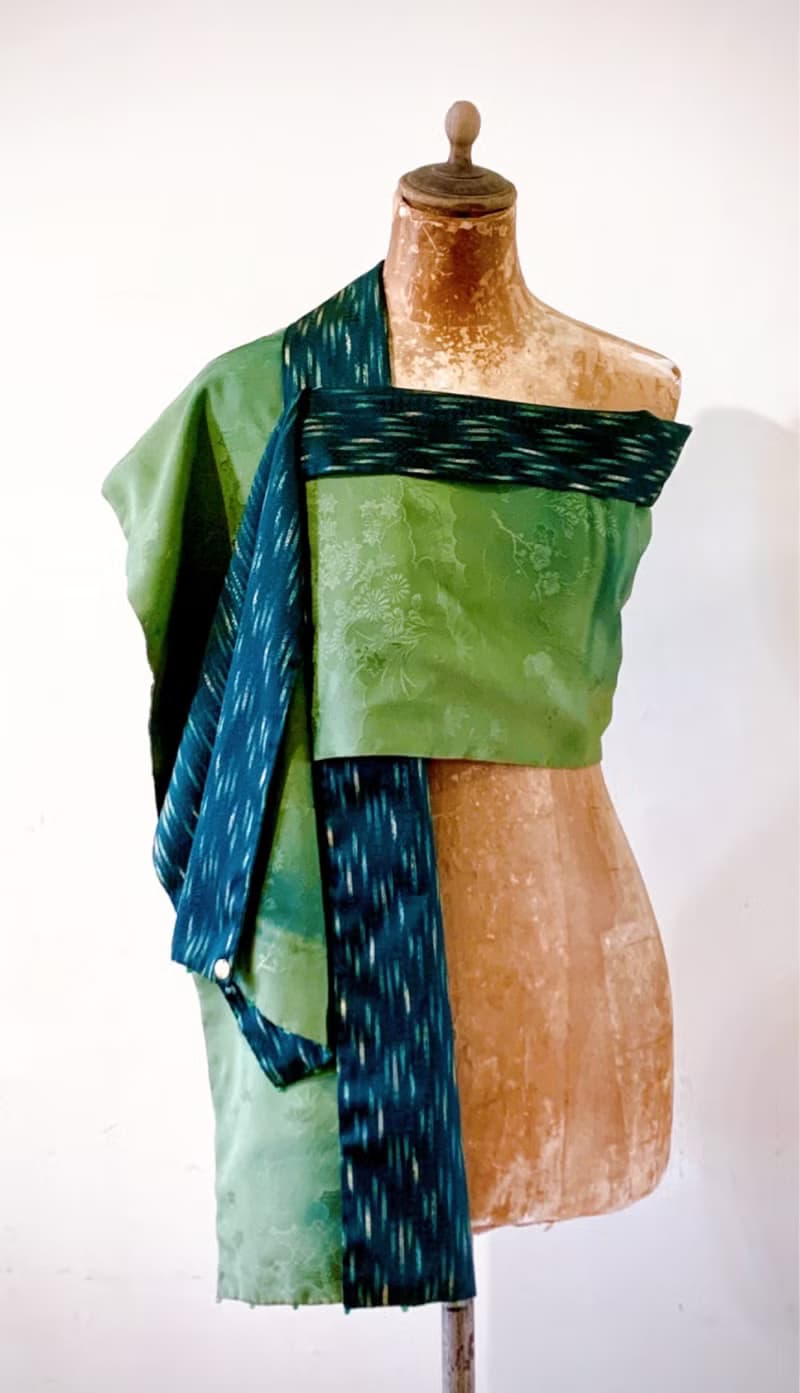 純手作/日本古董撞色綠色絲質古典花草風景紋樣織花漸層圍巾披肩
