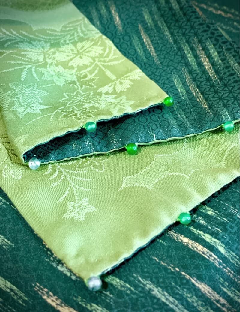 純手作/日本古董撞色綠色絲質古典花草風景紋樣織花漸層圍巾披肩