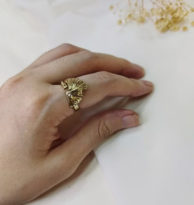 【銀杏系列】銀杏戒指--銀杏的眼淚  開口戒  黃銅&銀珠  手作