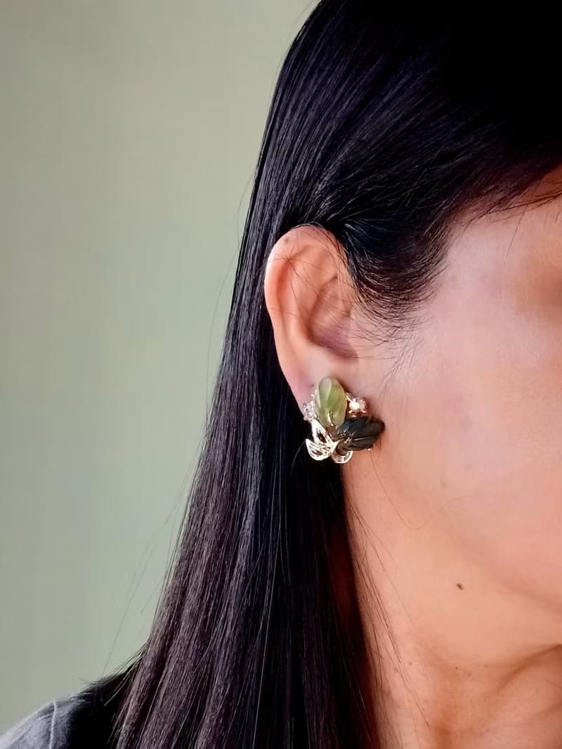 vintage jewelry 典雅翠綠萊茵 夾式耳環