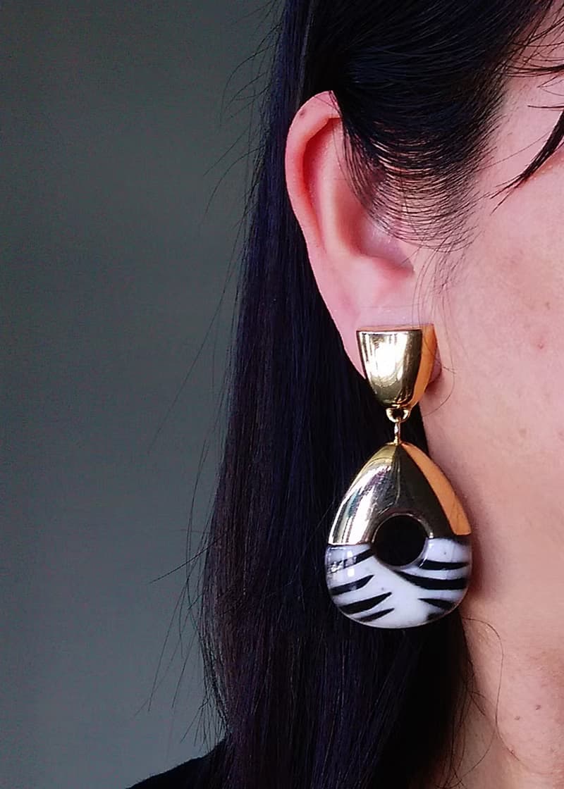 vintage jewelry  華麗黑白豹紋垂墜型夾式耳環