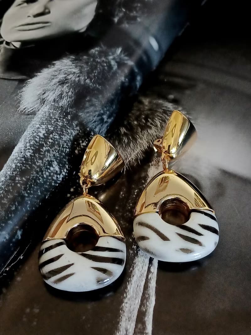 vintage jewelry  華麗黑白豹紋垂墜型夾式耳環