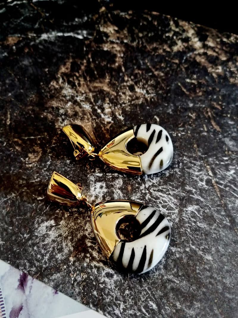 vintage jewelry  華麗黑白豹紋垂墜型夾式耳環