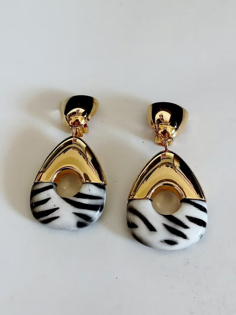 vintage jewelry  華麗黑白豹紋垂墜型夾式耳環