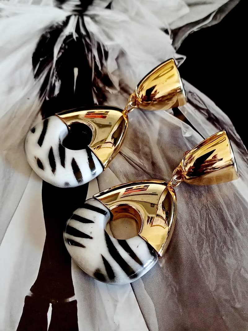 vintage jewelry  華麗黑白豹紋垂墜型夾式耳環