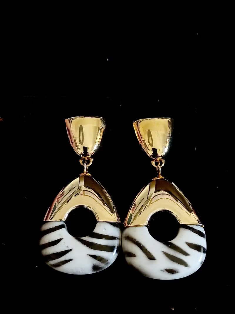 vintage jewelry  華麗黑白豹紋垂墜型夾式耳環