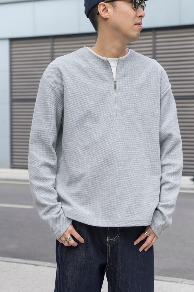 T-SHIRT 日系潮流休閒華夫格面料長袖T恤 百搭半拉鏈設計純色上衣