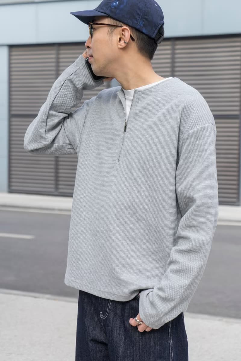 T-SHIRT 日系潮流休閒華夫格面料長袖T恤 百搭半拉鏈設計純色上衣
