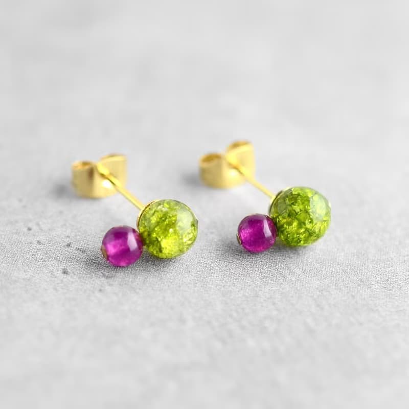 バイカラースタッドイヤリング, クラッシュグリーン, クランベリーピンク, 水晶, 翡翠, 生日禮物, 日本製