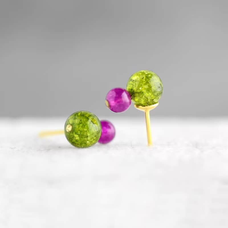 バイカラースタッドイヤリング, クラッシュグリーン, クランベリーピンク, 水晶, 翡翠, 生日禮物, 日本製