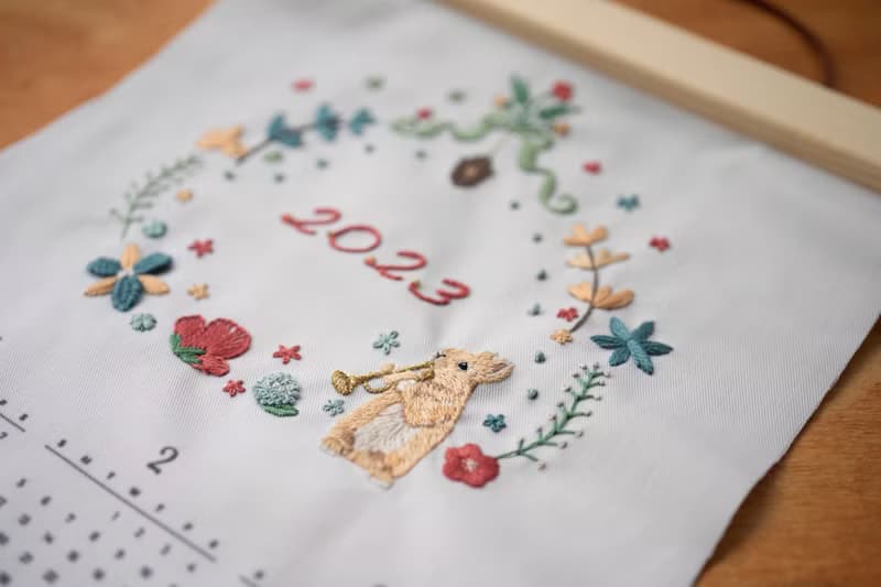 9點以後 | 完成品. 2023花園兔年曆. 純手工 刺繡 掛曆 紙盒包裝