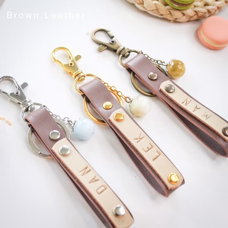 Brown Leather Key Ring hand made with Lucky Stone