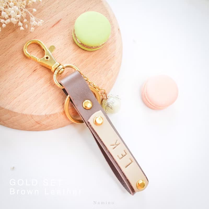 Brown Leather Key Ring hand made with Lucky Stone