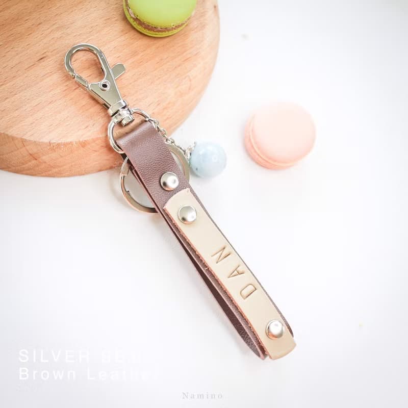 Brown Leather Key Ring hand made with Lucky Stone