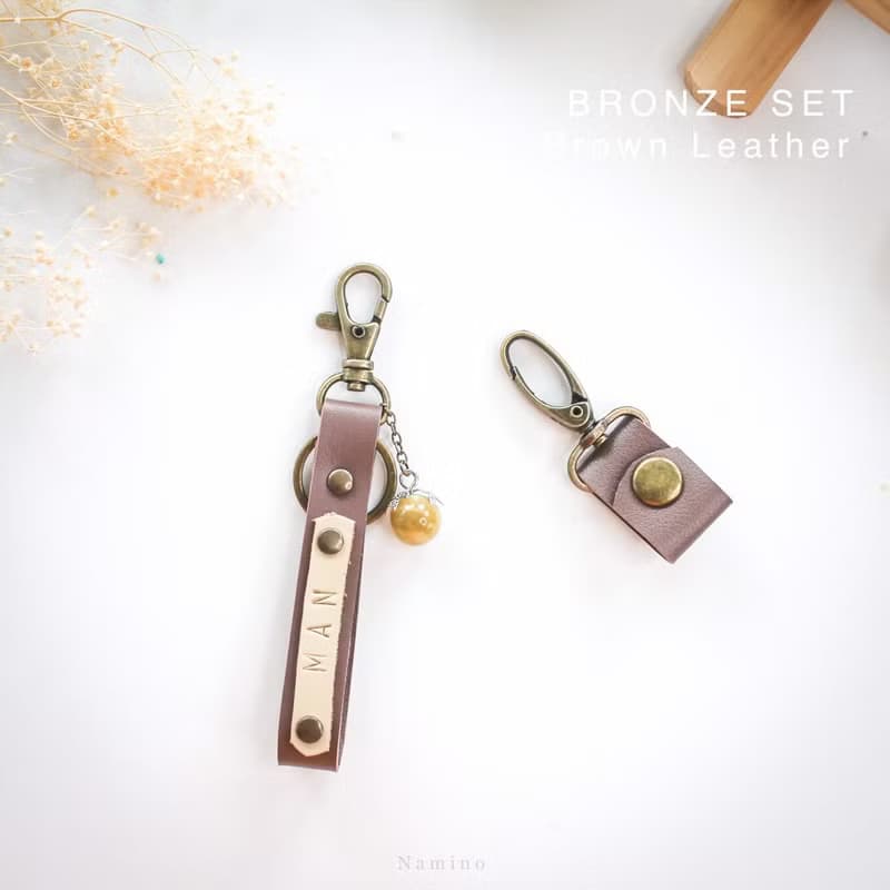 Brown Leather Key Ring hand made with Lucky Stone