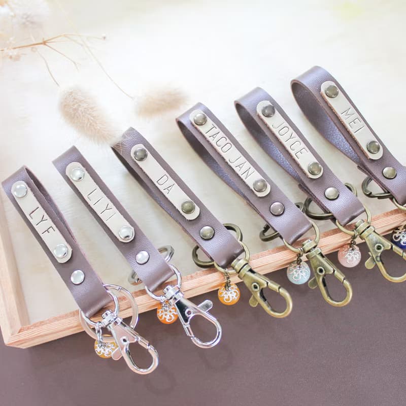 Brown Leather Key Ring hand made with Lucky Stone