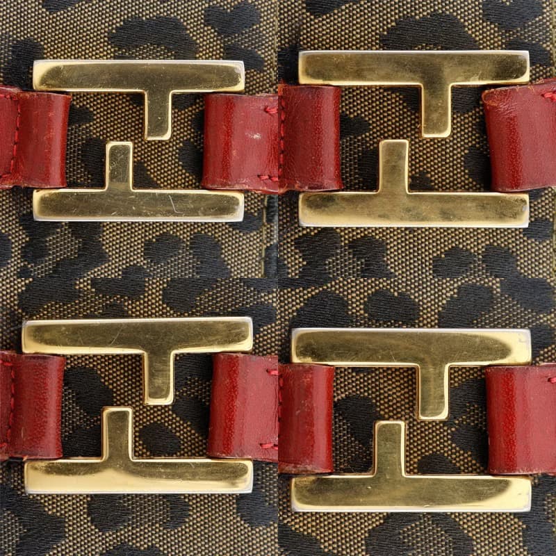 【日本直送】フェンディ FENDI ウォレットバッグ ハンドバッグ レオパード ヒョウ柄 ナイロンキャンバス 茶/赤 レディース【中古】