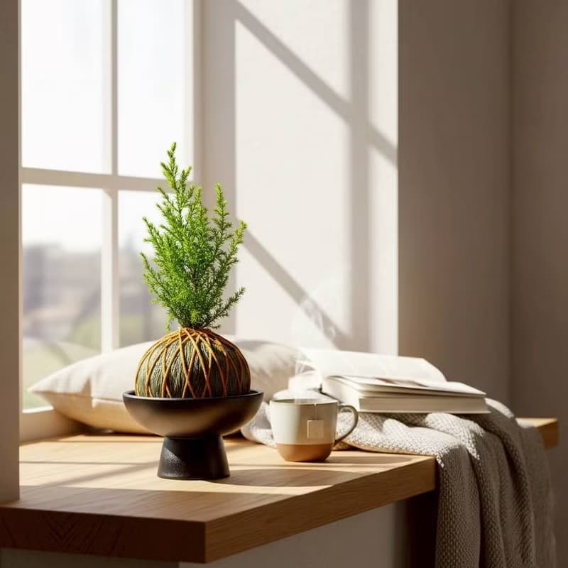 苔球植物 香冠柏墨綠苔球加磨砂高腳缽 苔球 苔玉 禮物 送禮