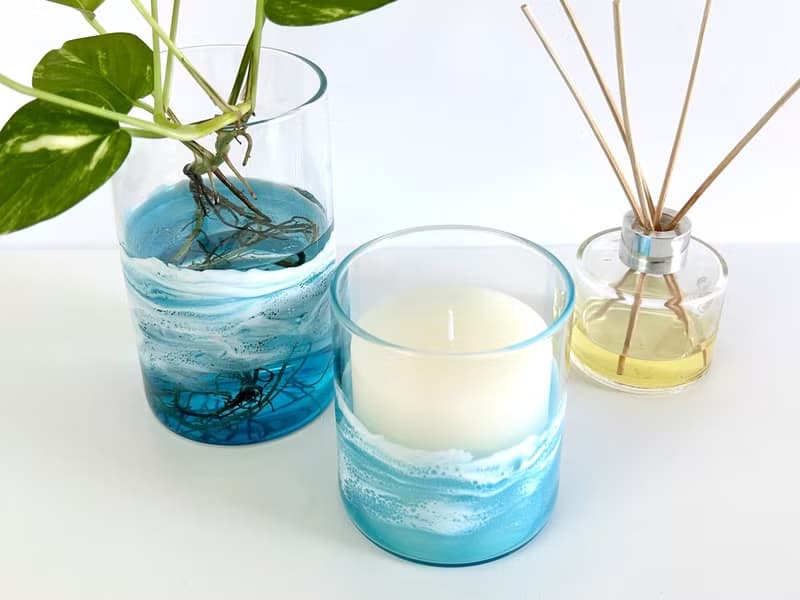 Glass Vase, Candle Holder, Resin Ocean Painting, Wedding Gift, Home Gift