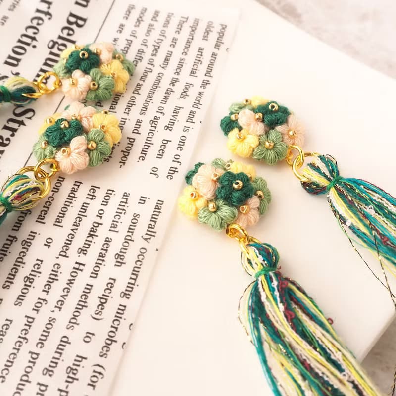 【耳環/耳夾】鉤針/迷你花/花束/混紡流蘇