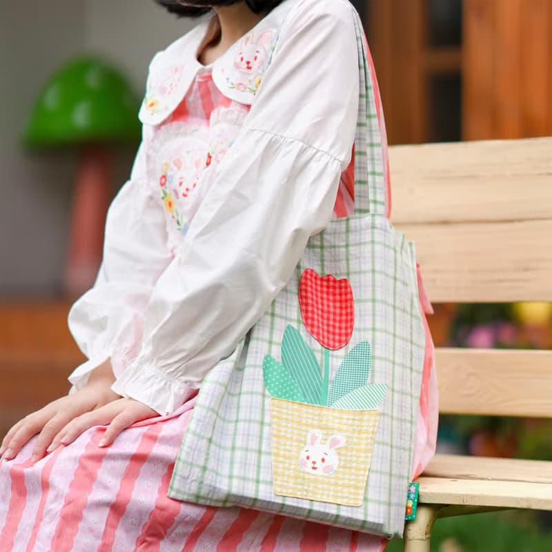 春日環保袋 80s復古昭和 花朵兔子購物袋 印花拼布布藝