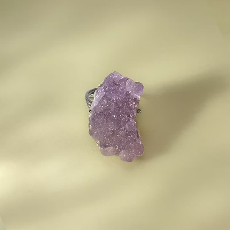 薰衣草紫水晶活口戒指 原石標本隨形腰果星光閃片手工指環 S925銀