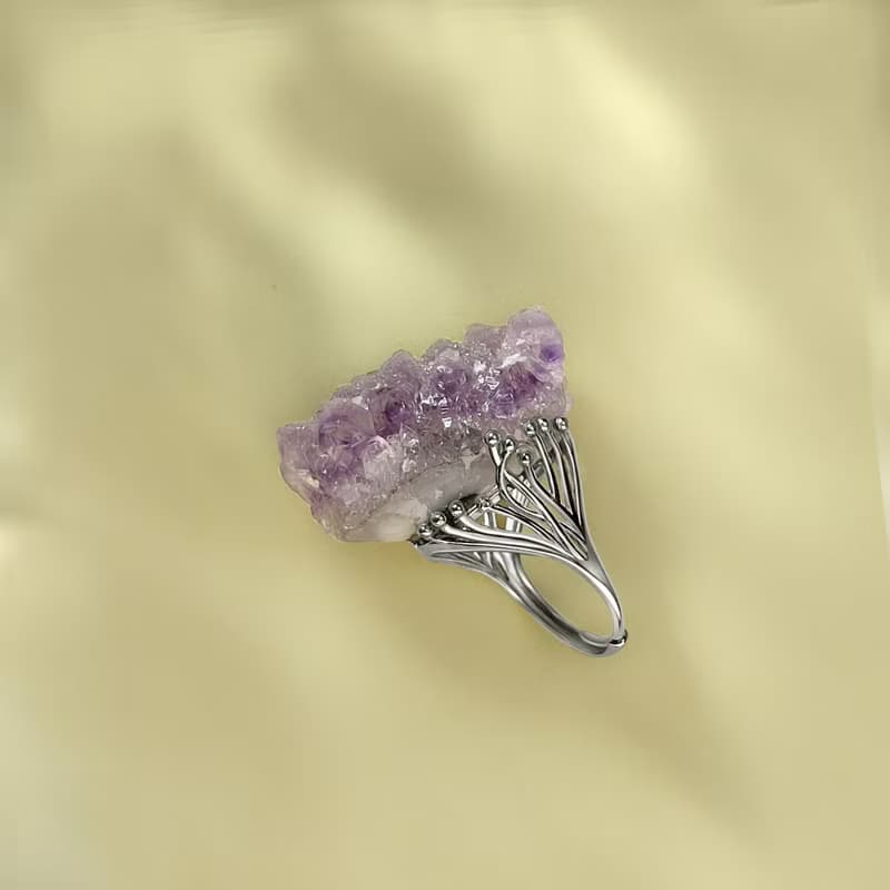 薰衣草紫水晶活口戒指 原石標本隨形腰果星光閃片手工指環 S925銀