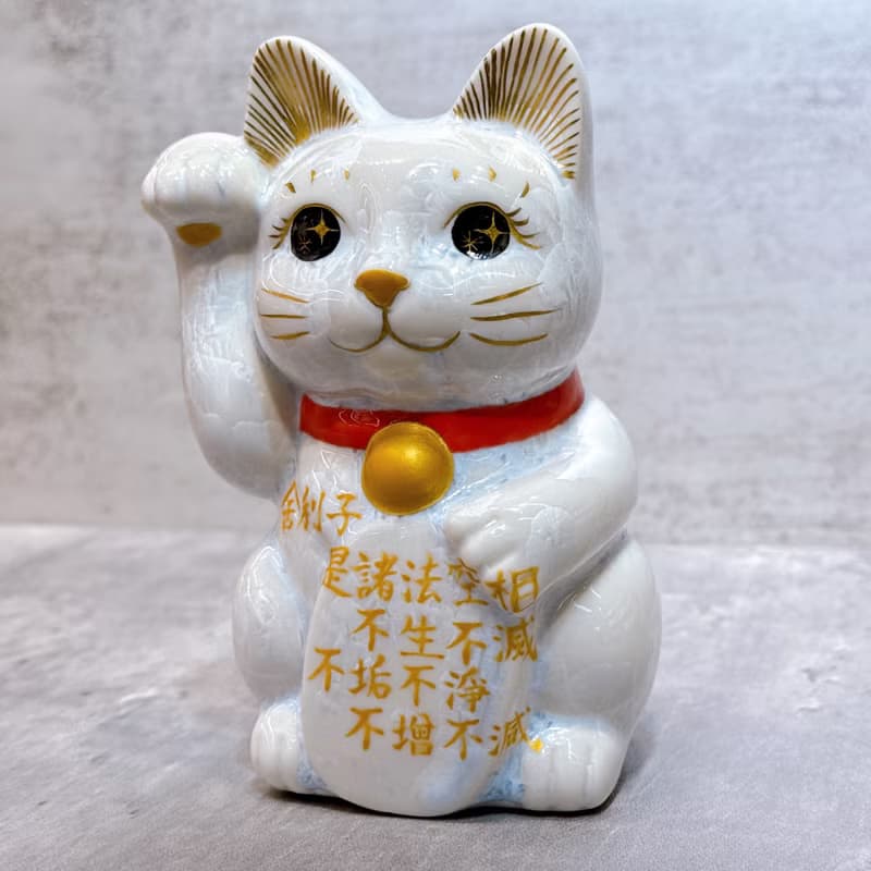【慧晶招福】日本清水燒招財貓 |  花結晶 心經 白 右