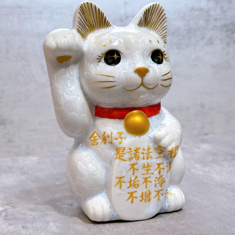 【慧晶招福】日本清水燒招財貓 |  花結晶 心經 白 右