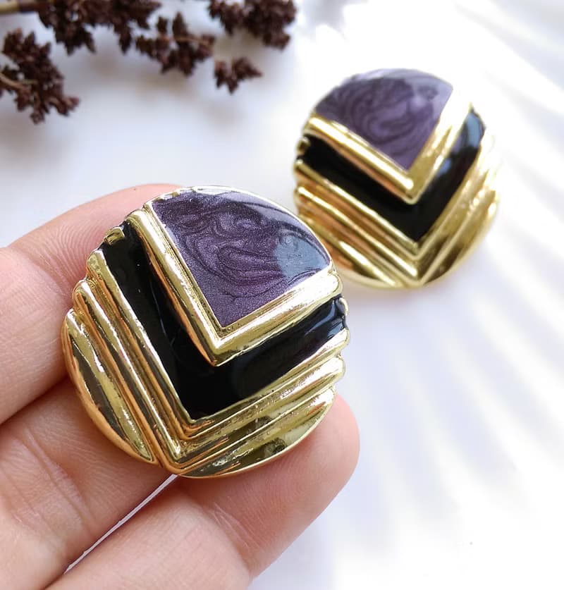 Vintage Jewelry 西洋古董飾品 復古摩登 V 撞色 針式耳環