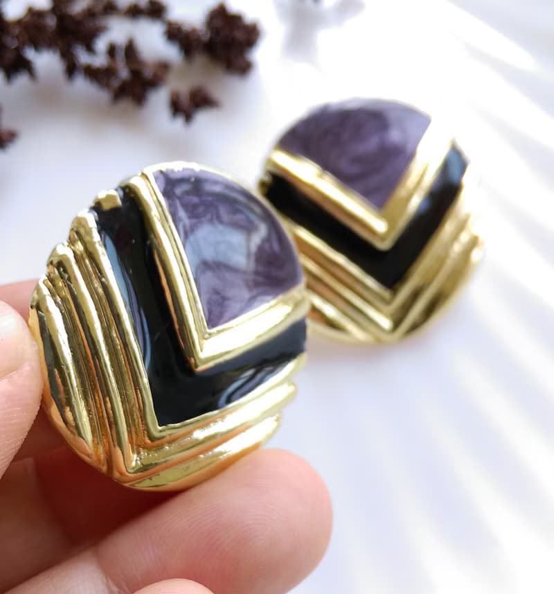Vintage Jewelry 西洋古董飾品 復古摩登 V 撞色 針式耳環