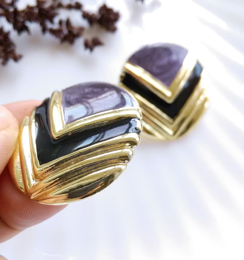 Vintage Jewelry 西洋古董飾品 復古摩登 V 撞色 針式耳環