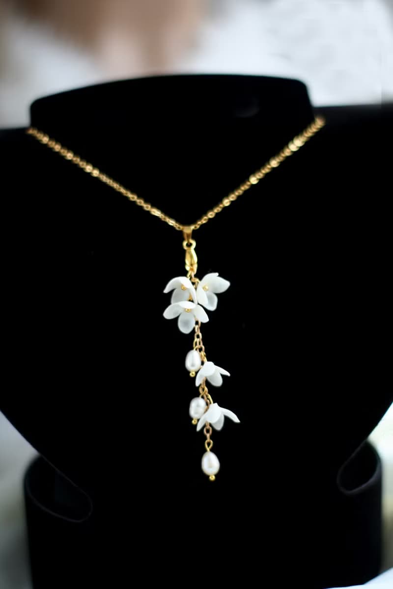 Long Flower Bridal Necklace, Long Pearl Floral Necklace, Wedding Necklace