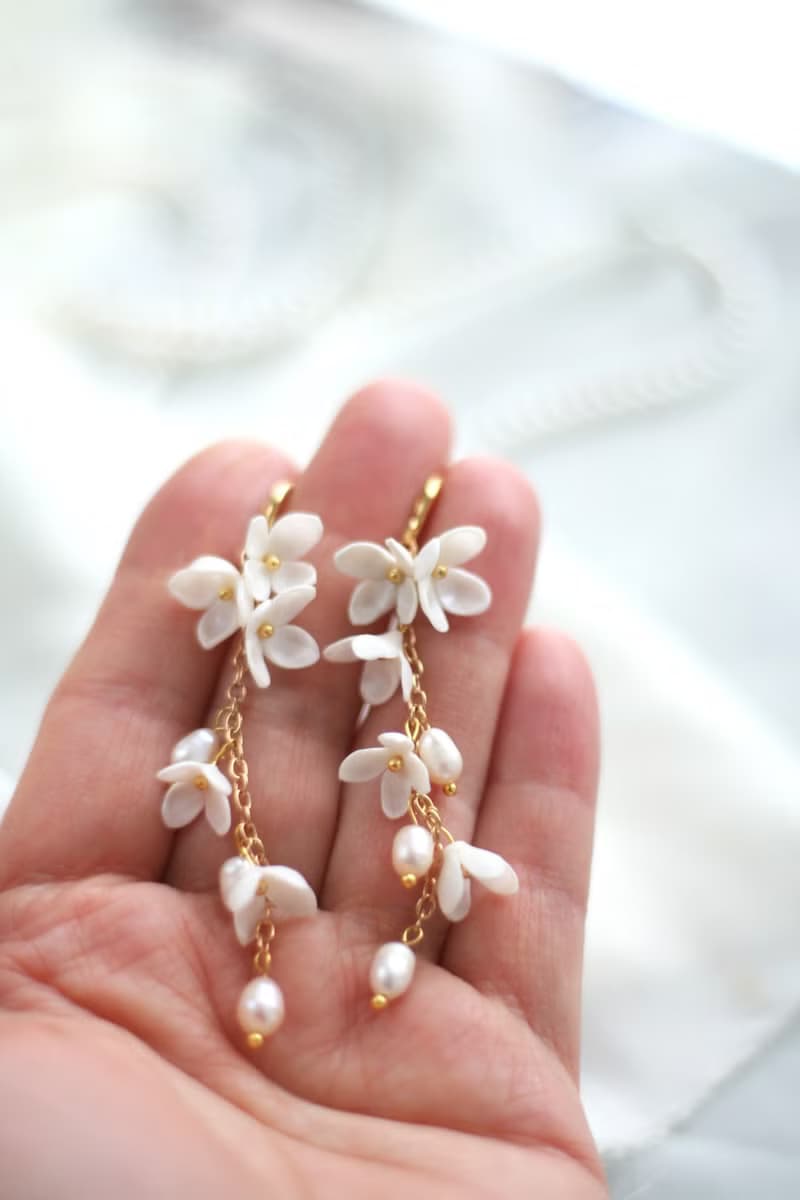 Long Flower Bridal Necklace, Long Pearl Floral Necklace, Wedding Necklace