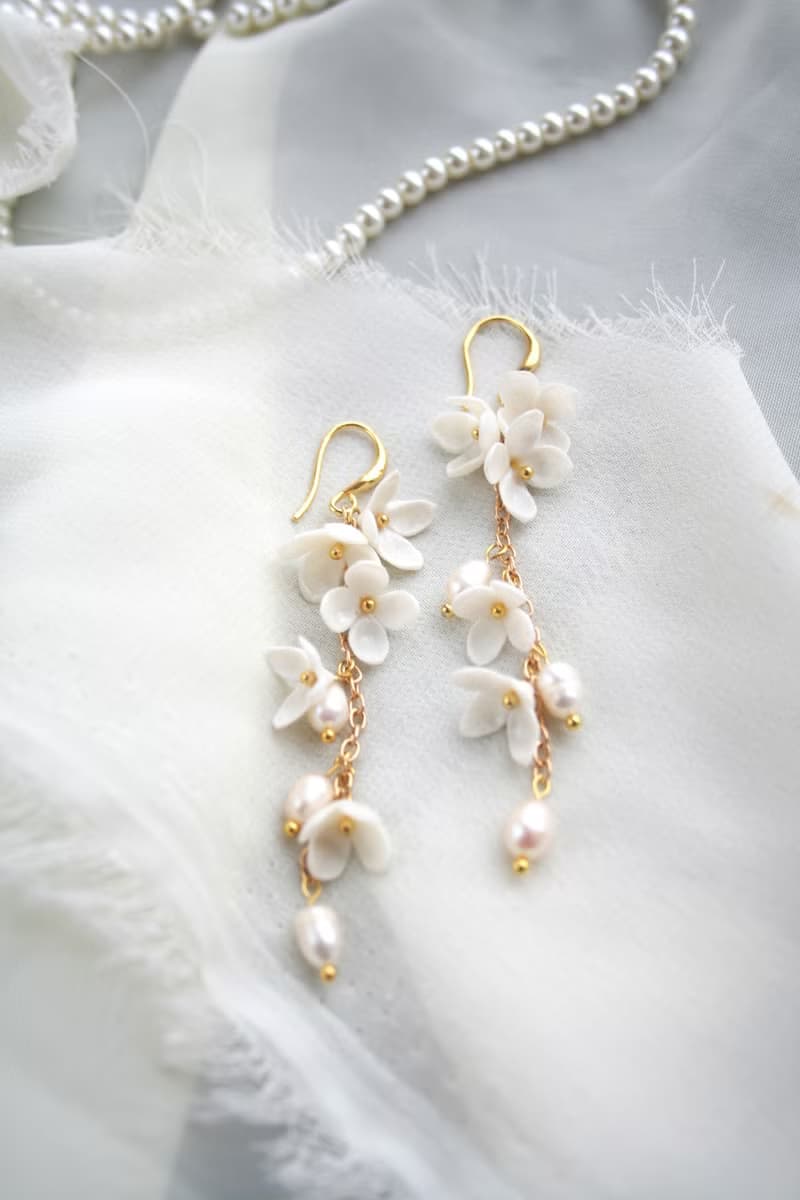 Long Flower Bridal Necklace, Long Pearl Floral Necklace, Wedding Necklace