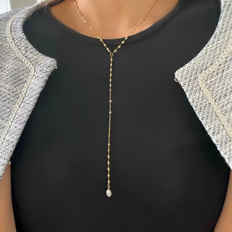 金属アレルギー対応  淡水パール　真珠　Y字　ラリエット　華奢　ネックレス　14k gold　316L サージカルステンレス　珍珠項鍊　防過敏