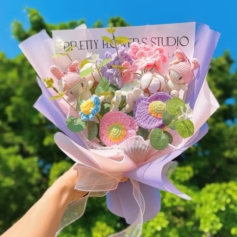 手工鉤針粉花甜兔花束新奇居家擺件新奇居家擺件