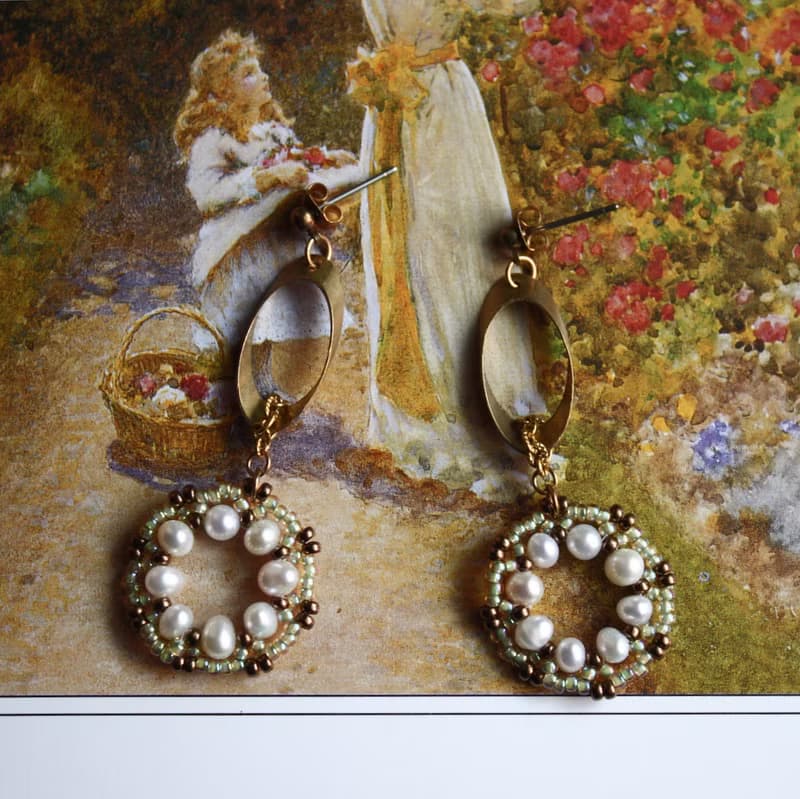 洛可可花圈 編織耳環 黃銅 耳環 淡水珍珠 日本珠 禮物