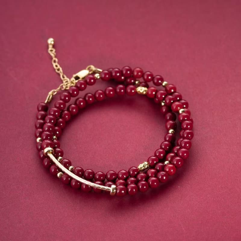 紫金砂硃砂14K包金三圈手鍊 | 14KGF不褪色 | 紅色天然石4mm手鏈