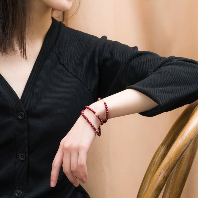 紫金砂硃砂14K包金三圈手鍊 | 14KGF不褪色 | 紅色天然石4mm手鏈