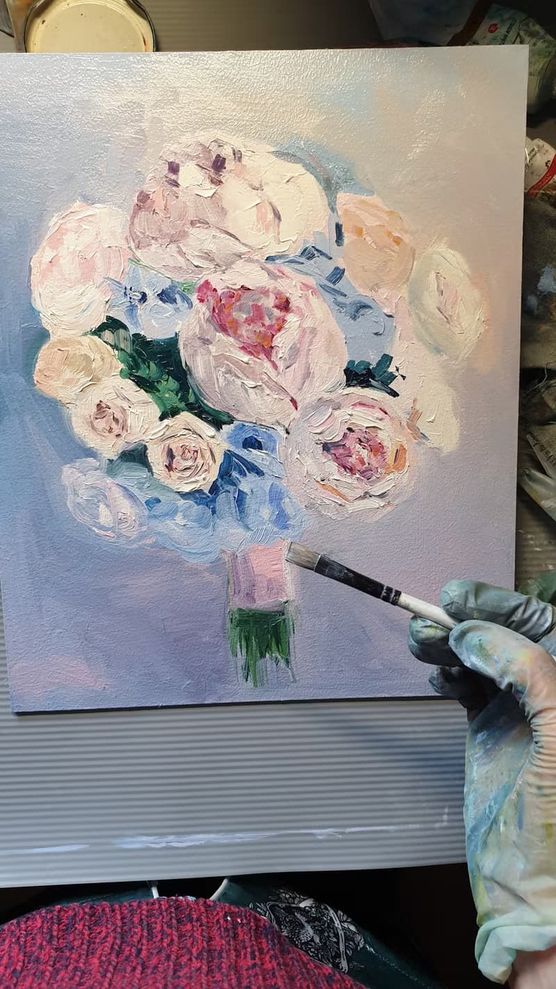 Peony Bouquet Painting Rose Original Wall Art Wedding Flower Oil Painting 12x10